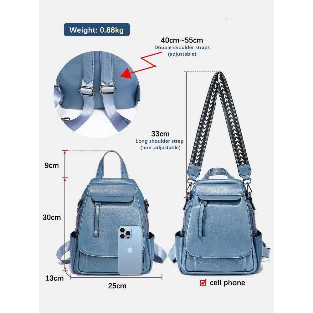 Zency Genuine Leather Women's Fashion Backpack High Quality School Travel Shoulder Bags Satchel Rucksack Multifunctional Pockets