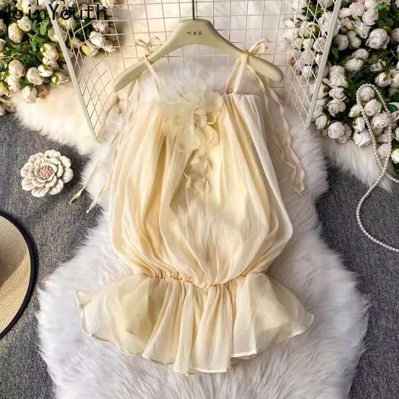 Sweet Tanks for Womens 2025 Ropa Mujer Solid Color Sleeveless Tees Ruffles Off Shoulder Sling Vest Fashion Summer Crop Tops