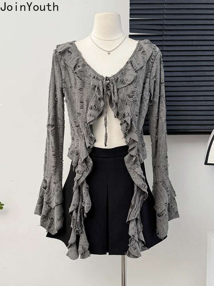 Irregular Crop Tops Blouses Women Hole Flare Sleeve Bandage Shirts 2025 Blusas Mujer De Moda Ruffles See Through Summer Blouse