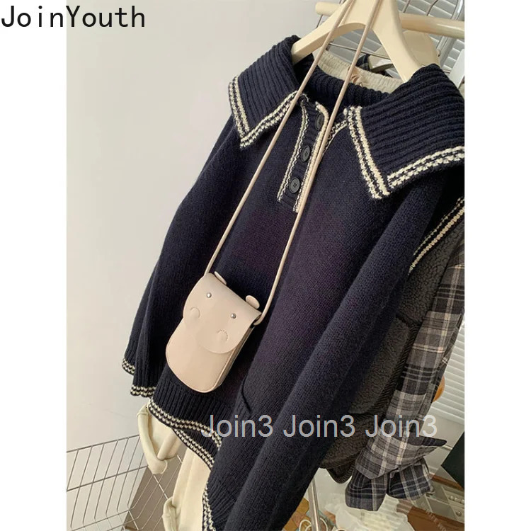 Vintage Sweater Women Peter Pan Collar Long Sleeve Knitted Oversized Pullovers Tops Sueter Mujer Fashion Casual Sweet Jumper
