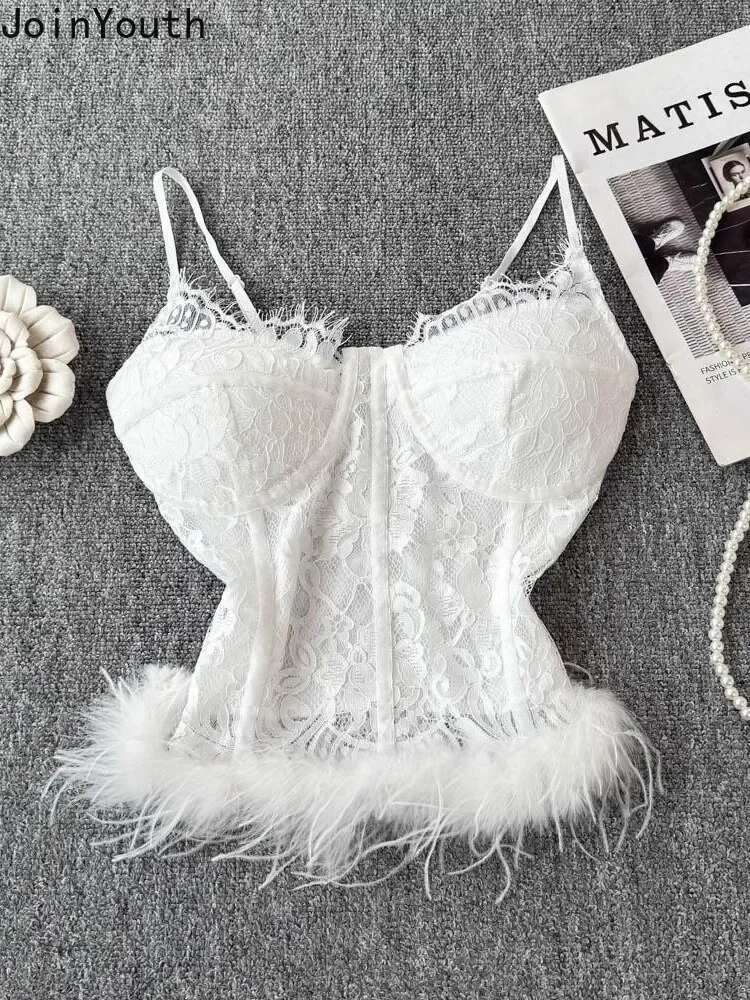 Crop Top Womens Clothing Lace Patchwork Furry Vest Sexy Backless Slim Fit Camis Fashion Korean Tanks Y2k Tops 2025 Ropa Mujer