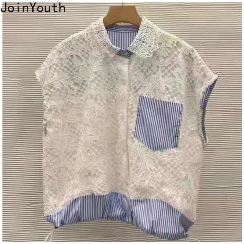 Camisas De Mujer Sleeveless Summer Blouse Womens Clothing 2025 Patchwork Striped Lace Embroidery Fashion Shirts Tops Female