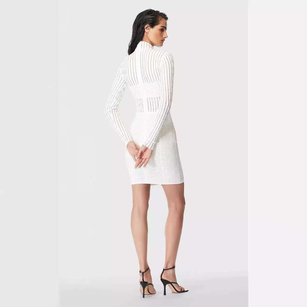 White Skirt Maxi Skirt Hofnige Summer New Tight Mesh See Through Sexy Bodycon White Stand Collar Long Sleeve Bandage Dress Long Skirt