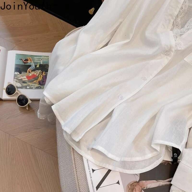 Temperament Tops White Blouses Women Clorhing 2025 Blusas Mujer De Moda Fake Two Shirts Patchwork Lace Simple Oversized Blouse