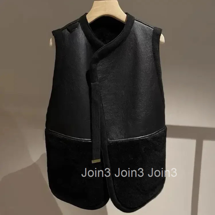 2025 Ropa Mujer Thicked Vest for Women Patchwork PU Black Tanks Jackets Fashion Casual Waistcoat Korean Tops Y2k Clothes 27L170