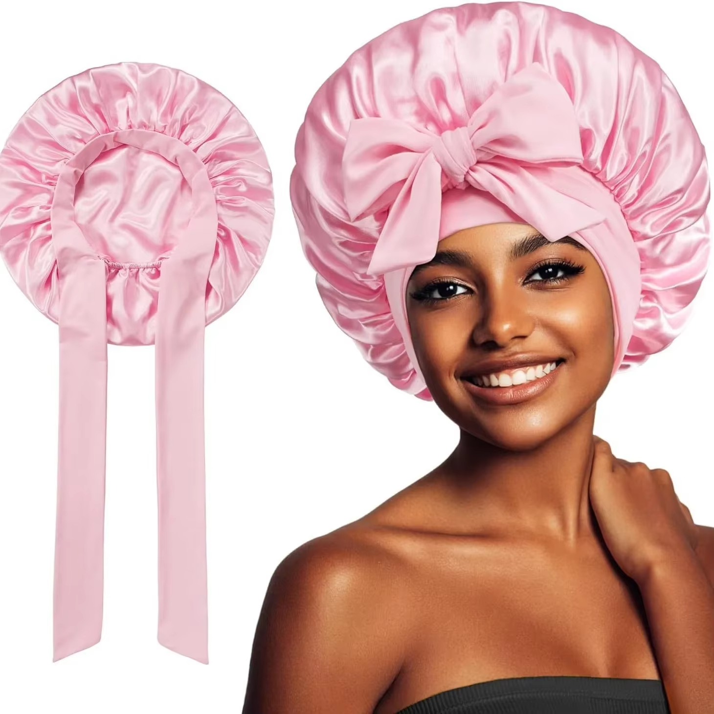 Women Satin Bonnet Solid Sleeping Hat Stretchy Tie Band Elastic Night Shower Cap Adjustable Hair Head Cover Bonnet for Women Hat Satin Solid Night Sle