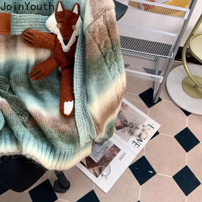 Oversized Sweater Women Clothing Cartoon O-neck Striped Jumper Fashion Korean Sueter Mujer Casual Knitted Pullovers Y2k Tops