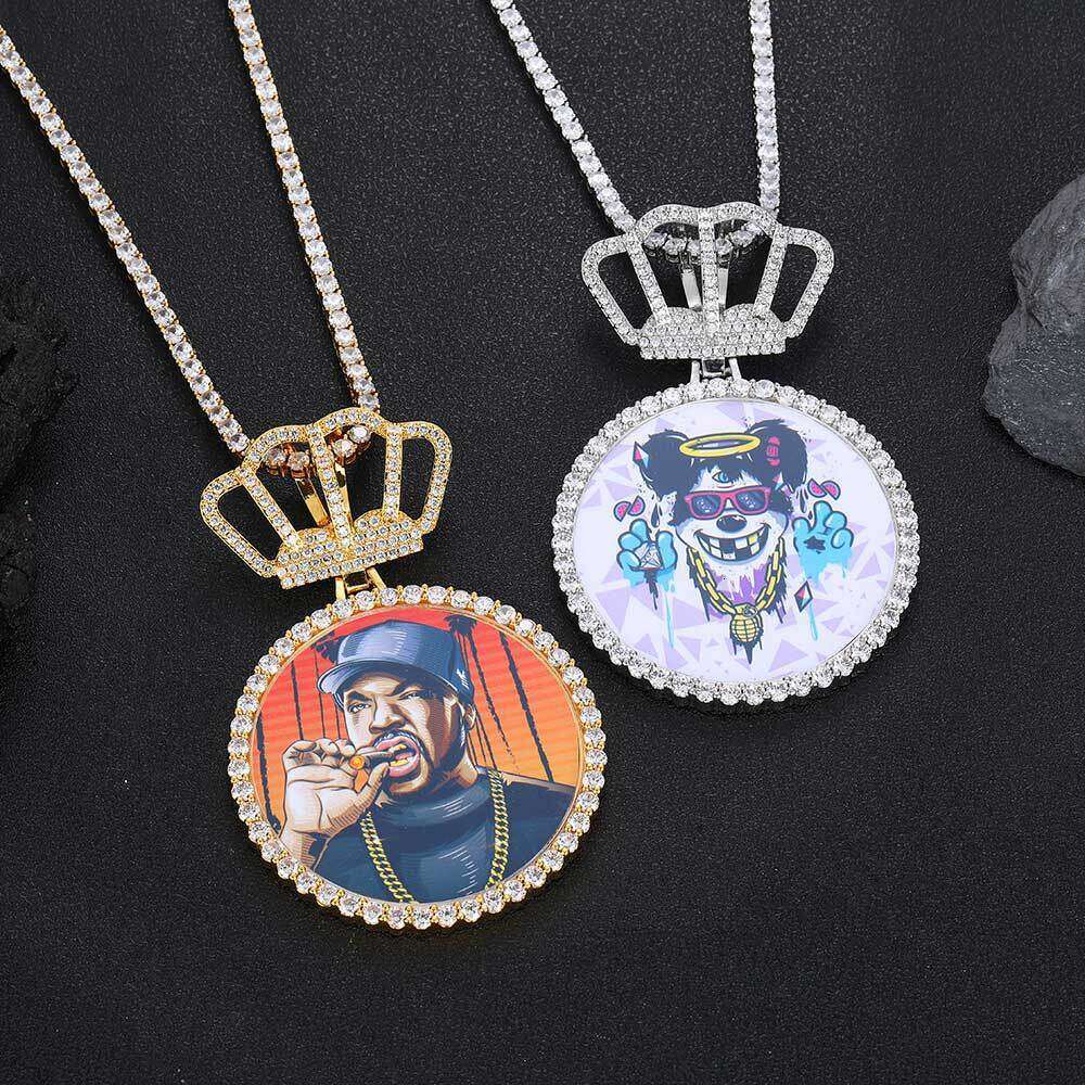 Hip Hop Crown Large Round Personality Pendant DIY Creative Photo Frame Zircon Men's Necklace a680