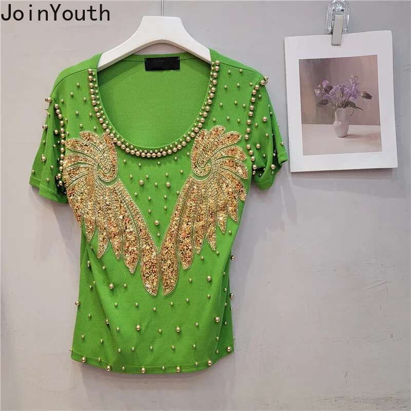 Fashion Heavy Beading T Shirts Women Diamond Casual Summer Tees 2025 Ropa Mmujer Y2k Tshirts O-neck Short Sleeve White T-shirt