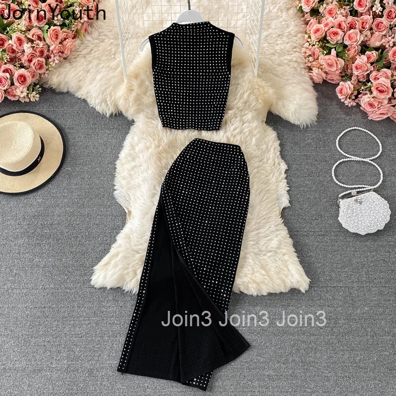 Temperament Two Piece Sets Womens Outifits Sleeveless Crop Tops Split High Waist Bodycon Skirt Suit Diamond Fashion Sexy Clothes