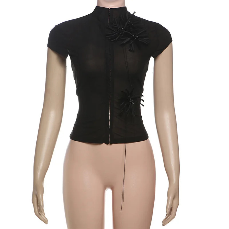 Flower Decoration Tassel Crop Tops Women 2025 Summer Mesh Sheer Single-Breasted Half-High Neck Skinny T-Shirt Streetwear 250619