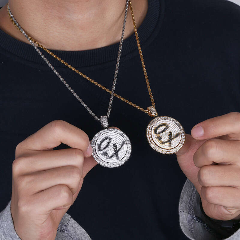 Hip Hop XO Rap Street Pendant Micro Paved Zircon Men's Trendy Ins Double Layer Rotatable Disc Necklace