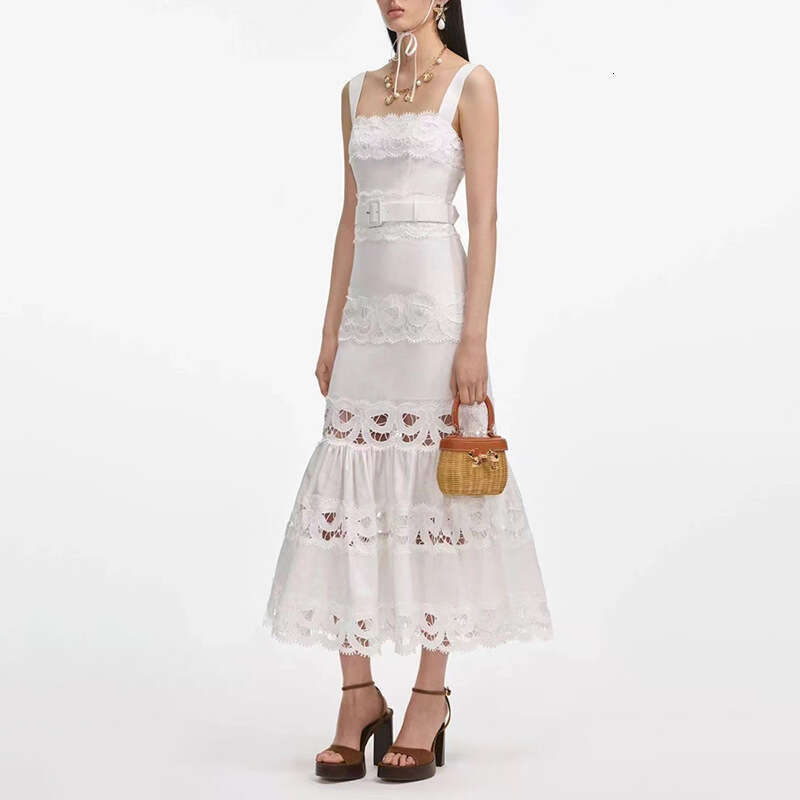 White Skirt Maxi Skirt Vacation Style Long Summer New Fashion Hollow Embroidery Strap Mermaid Design Dress For Women Long Skirt