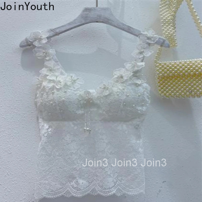 Sexy Tanks for Women Beading 3D Floral Lace Camis 2025 Ropa Mujer Crop Tops V-neck Sleeveless Slim Fit Fashion Sweet Vest 7p464