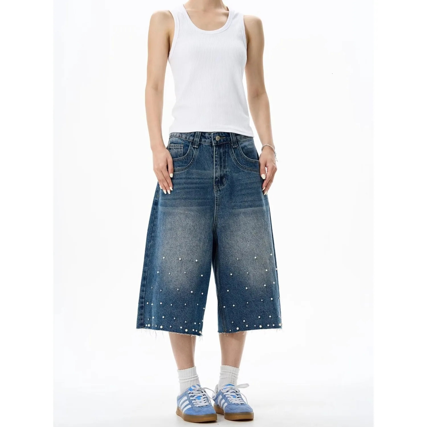 DM Hip Hop Fashion Rivet Jeans Shorts Streetwear Blue Loose Denim Shorts For Men Washed 250617