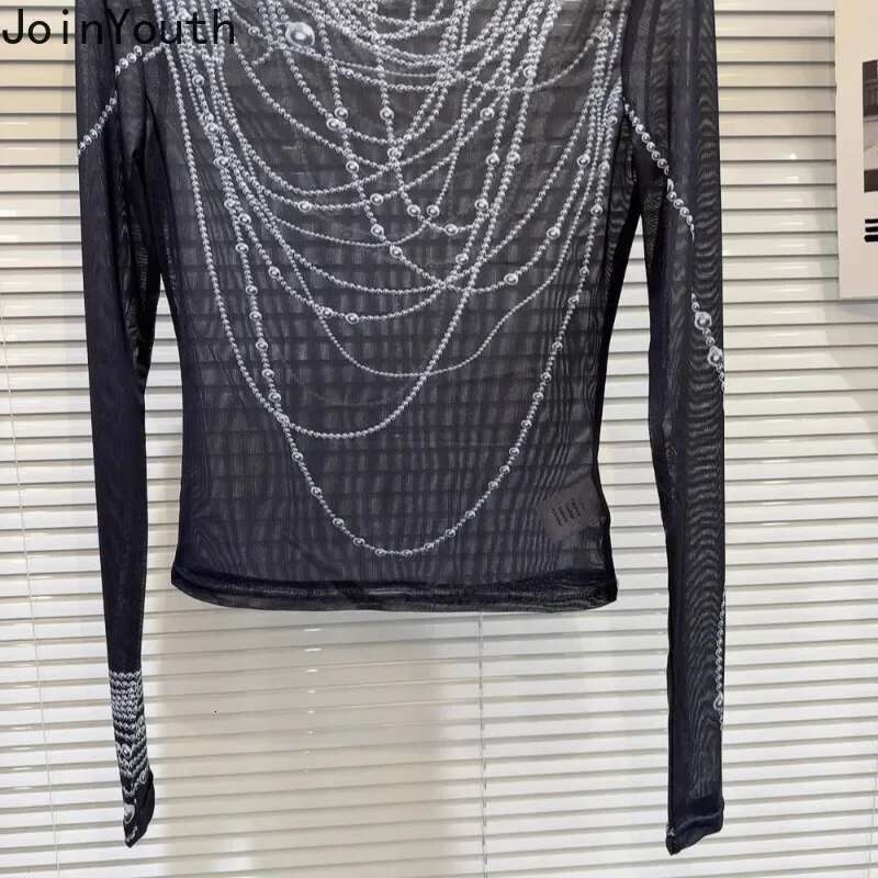 Sexy Tshirts Womens Clothing Turtleneck Long Sleeve Tunic Tees Chic Pearl Print Camisetas Y2k Tops See Through Gauze T-shirt