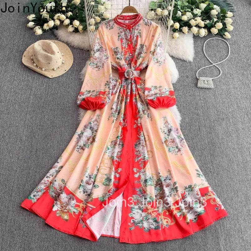 Elegant Dress for Women Stand Neck Lantern Sleeve Print Robe Femme Single Breasted Vintage Maxi Dresses 2025 Vestidos De Mujer