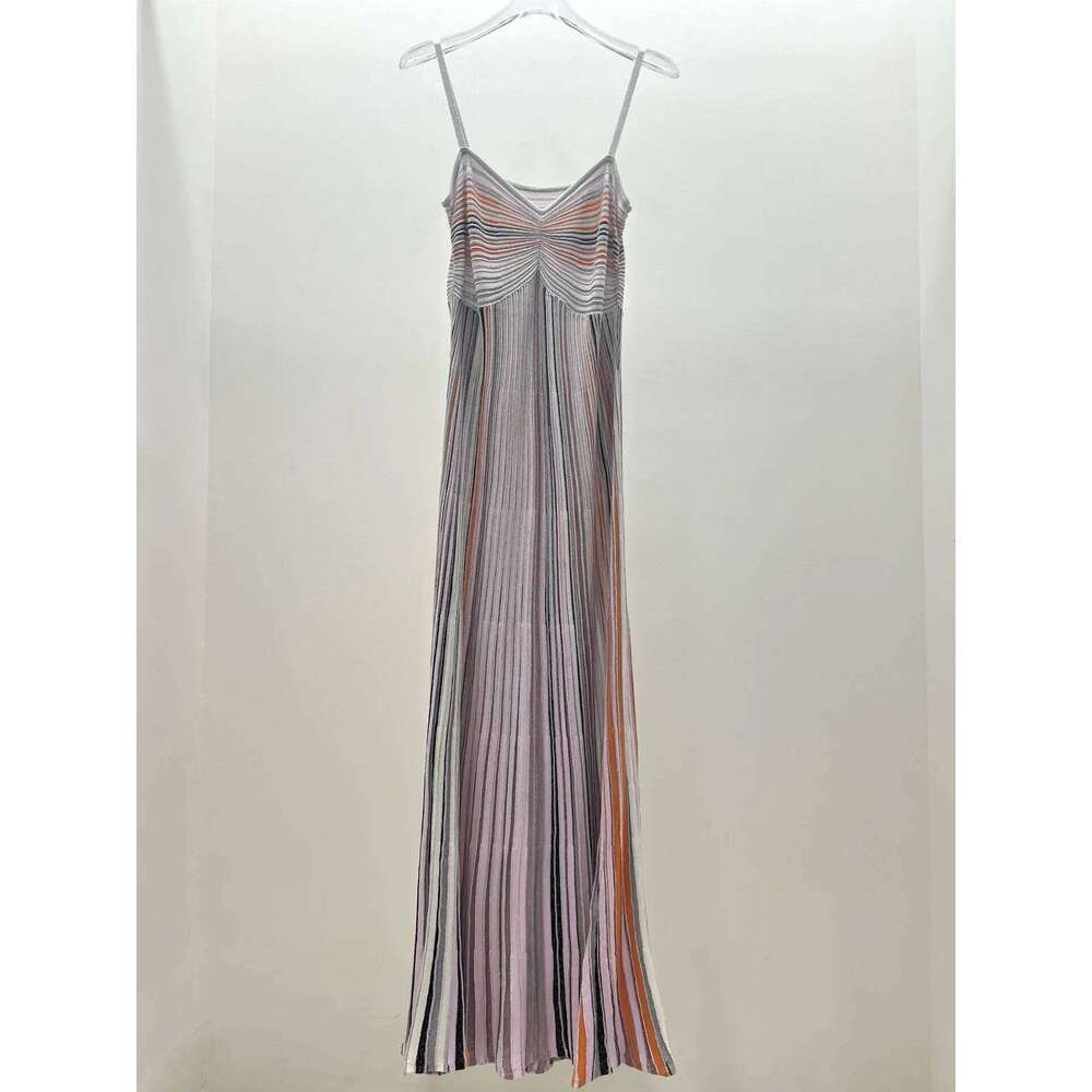 Women Sequined Multicolor Striped Sling Dress V-Neck High Waist Sleeveless Vintage Slim Knitted Long Dress