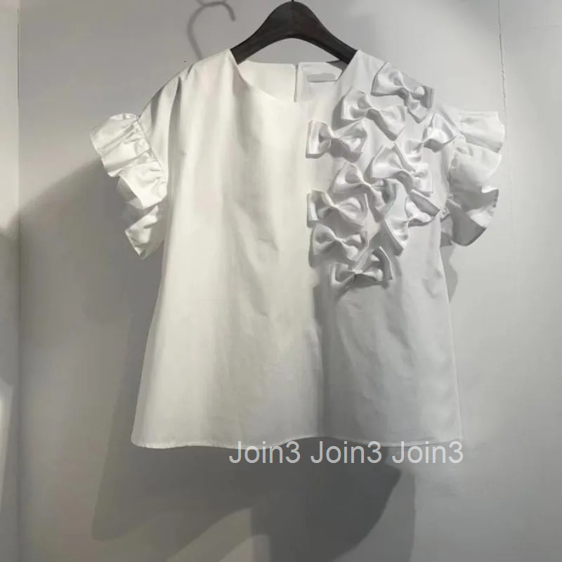 White T Shirts for Women 2025 Ropa Mujer Sweet 3D Bow Summer Tees Cute Crop Tops O-neck Short Sleeve Ruffles Fashion Y2k Tshirt