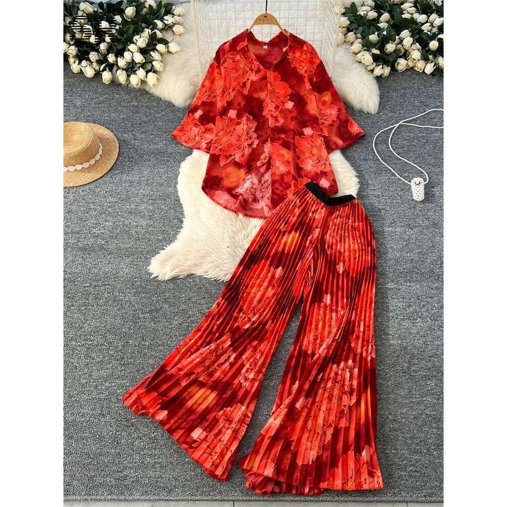 Designer Leisure High Quality SINGREINY Spring Print Two Pieces Suits Single Breasted Turn-down Collar Tops+Pleated Long Pants Women Streetwear Casual