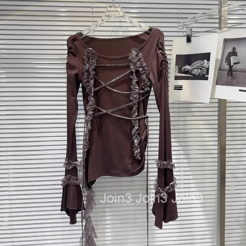 Y2k Tshirts Women Long Sleeve O-neck Tunic Tees Patchwork Gauze Ruffles Tassel Camisetas Fashion Sexy T-shirts 2025 Ropa Mujer