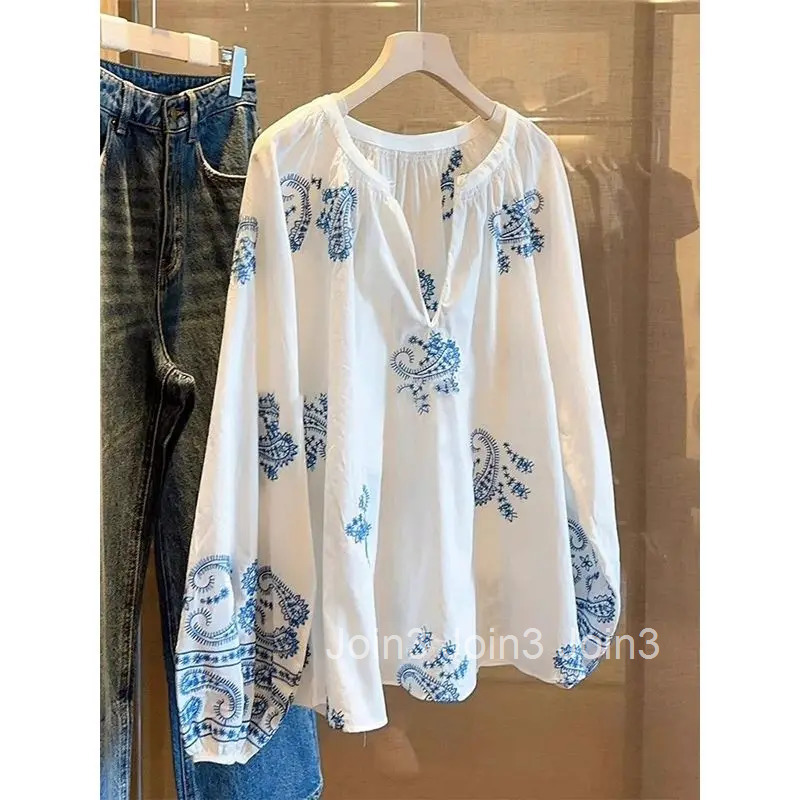 Women Clothing Indie Folk Long Sleeve Blouse Fashion Oversized Shirts 2025 Blusas Mujer De Moda Floral Embroidery Blouses Tops
