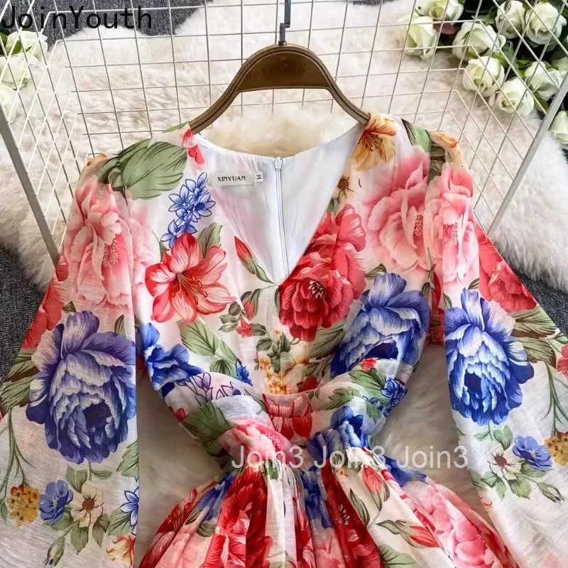 Elegant Floral Dress for Women 2025 Vestidos De Mujer V-necklantern Sleeve A-line Robe Femme Vintage High Waist Maxi Dresses