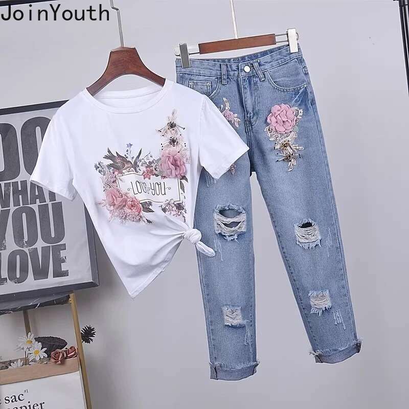 Two Piece Sets Womens Outfits Roupas Femme 3D Floral White Tshirts Tunic Hole Denim Pants Suit Fashion Korean Temperament Set
