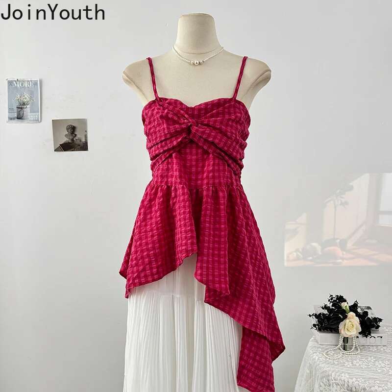 Summer Tees Ruffles Irregular Tanks Womens Clothing Korean Camis Crop Tops Tunic Fashion Plaid Folds Sweet Vest 2025 Ropa Mujer