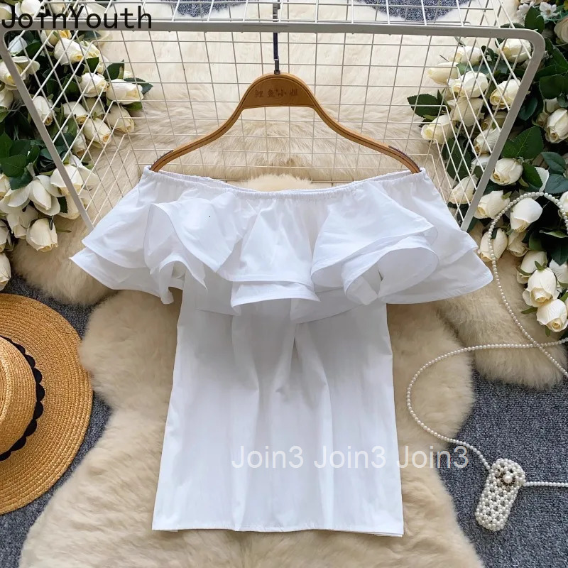Sweet Blouse for Womens Slash Neck Ruffles Slash Neck Sexy Shirts Off Shoulder Summer Blouse Tops 2025 Blusas Mujer De Moda