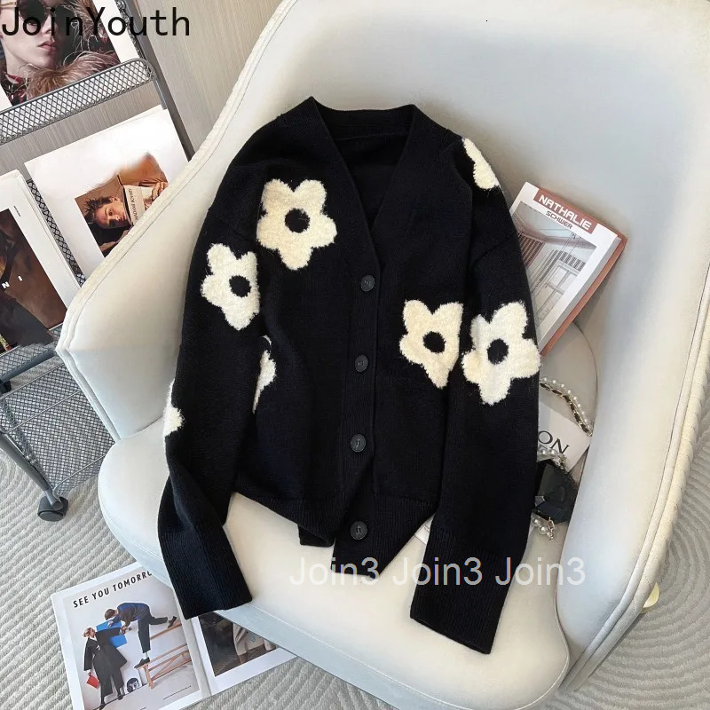 Floral Embroidery Cardigan Coat Winter Women Clothing Pull Femme V-neck Loose Knitted Sweater Tops Vintage Korean Sueter Mujer