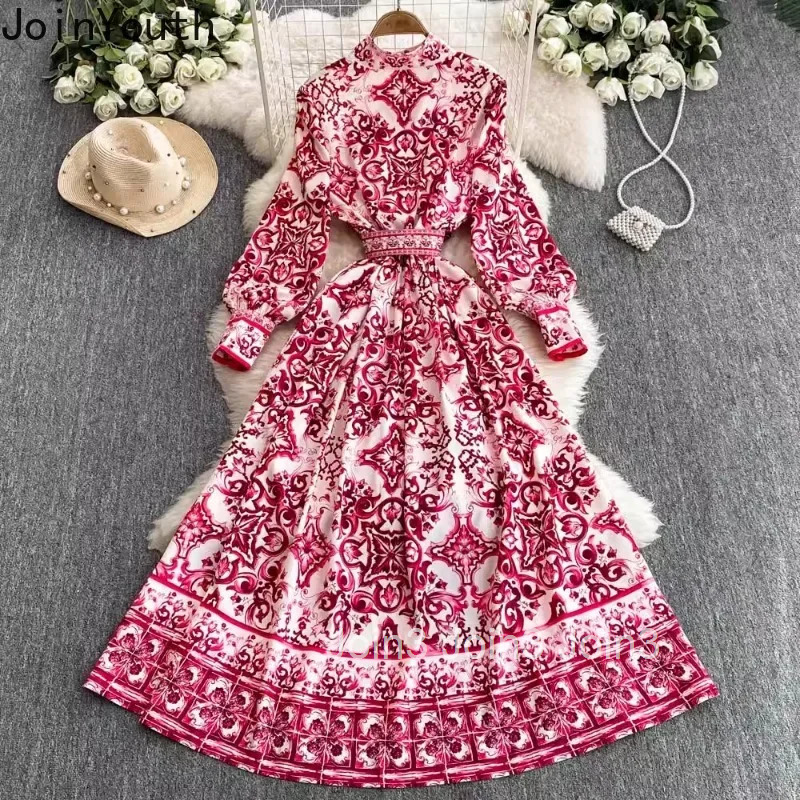 Temperament Dress Women Vestidos De Mujer Stand Neck Single Breasted Floral Robe Femme Vintage High Waist Elegant Maix Dresses