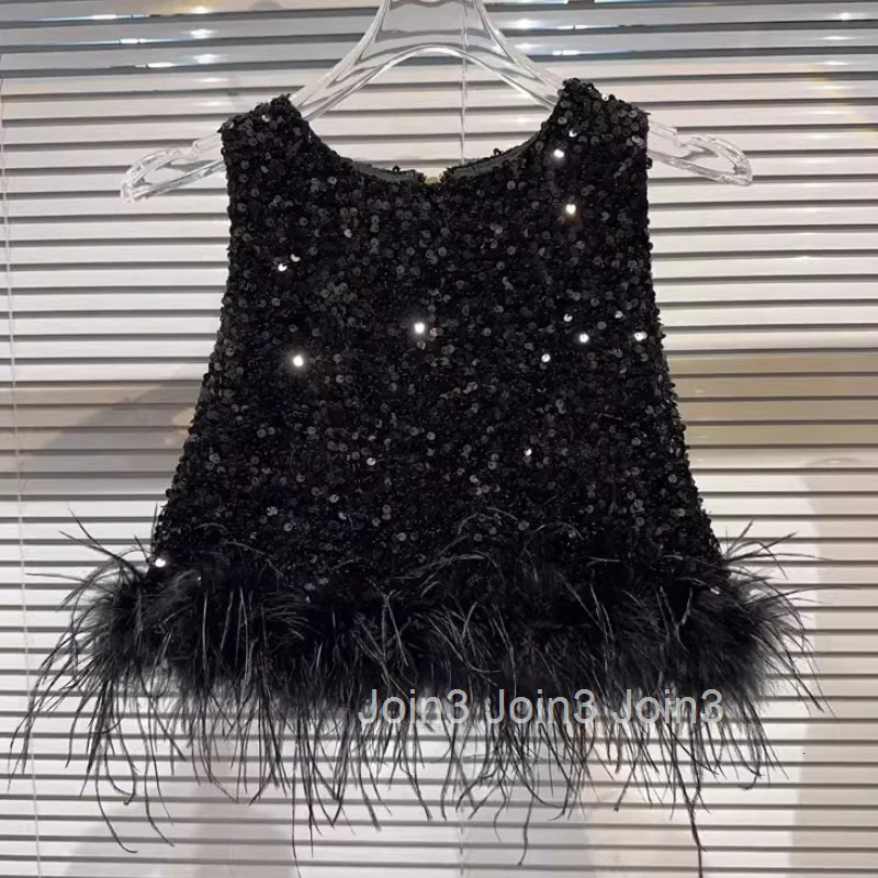 Women Clothing Korean Tanks O-neck Sleeveless Feather Temperament Vest Chic Summer Camis Heavy Sequin Crop Tops 2025 Ropa Mujer