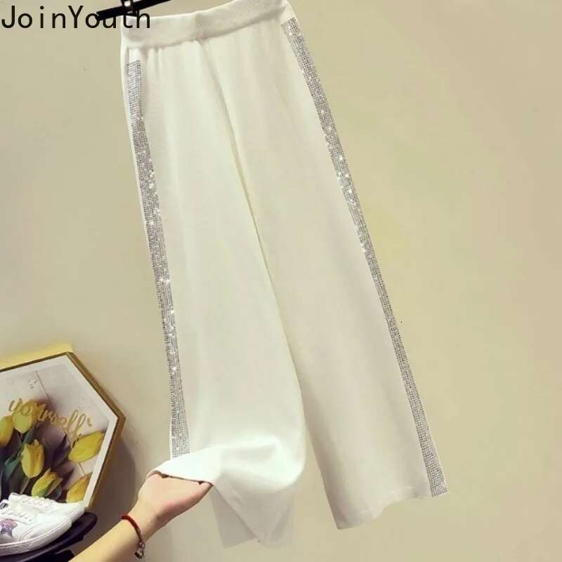 Korean Wide Leg Pants for Women 2025 New Bottoms High Waist Straight Pantalon Femme Patchwork Diamond Casual Fashion Trousers