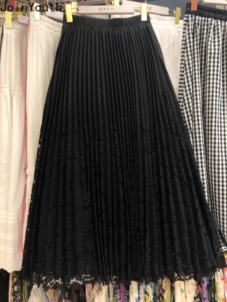Contrast Color Lace Skirt Womens High Waist Korean Jupe 2025 Faldas Mujer De Moda Chic Summer Saia Hollow Out Pleated Skirts