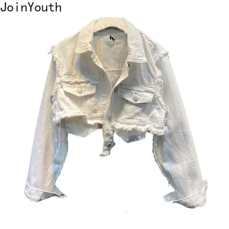 Streetwear Crop Tops Fashion Denim Jacket Womens Clothes Korean Harajuku Y2k Top Casual White Slim Fit Coat 2025 Ropa Mujer