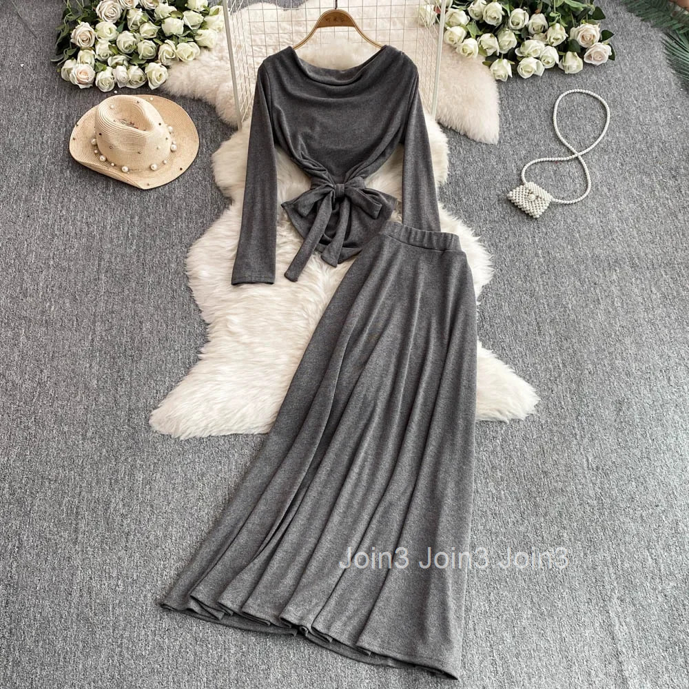 Korean 2 Piece Sets Womens Outfits Roupas Femme Slash Neck Bandage Slim Waist Tops Big Swing High Waist Skirt Suit Summer Set