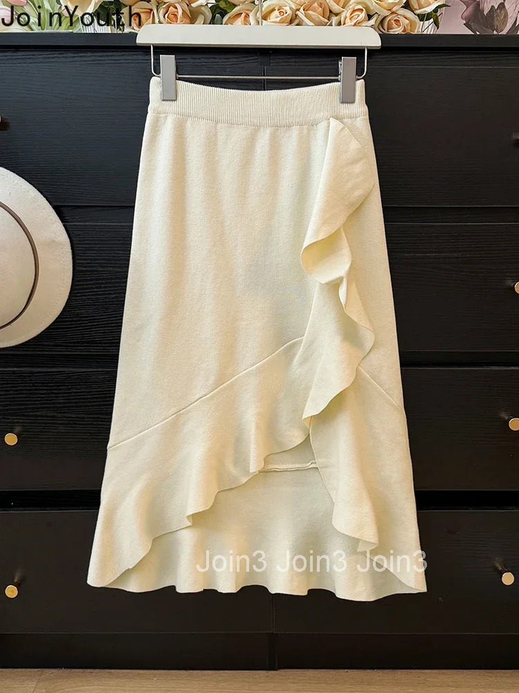 Knitted Women Skirts Vintage Korean Saia High Waist Bodycon Split Jupe 2025 Faldas Mujer De Moda Ruffles Tunic Irregular Skirt