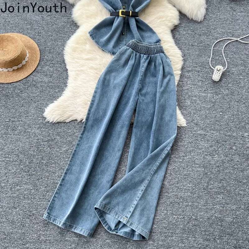 Chic Women Clothing Denim 2 Piece Sets V-neck Sleeveless Vest Tops Straight High Waist Wide Leg Pants Suit Casual Summer Outfits