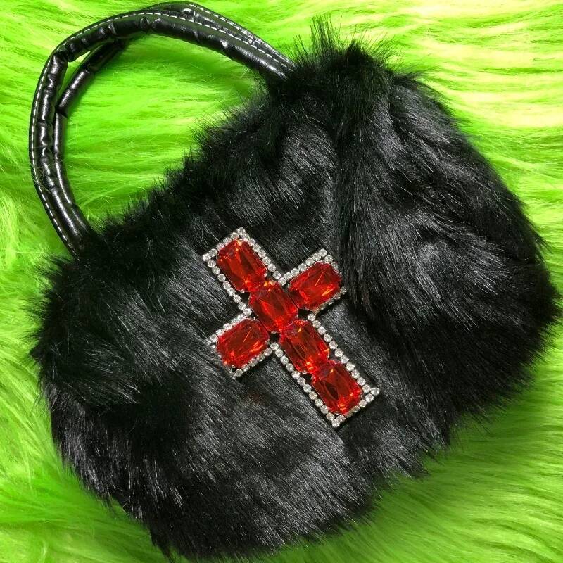 DHGM Xiuya Y2k Gothic Handbag Soft Plush Black Cross Applique Shoulder Fashion Haruku Style Punk Hip Hop Biker Crossbody Bag