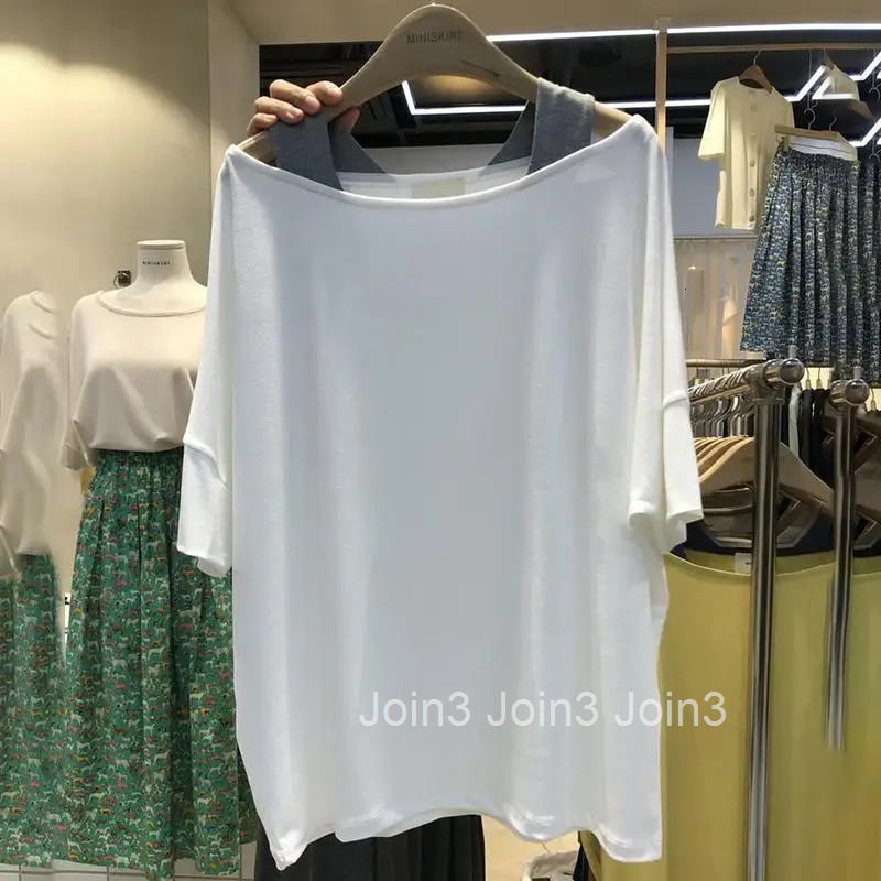 Fake Two T Shirts for Women Summer Fashion Tees Oversized T-shirt Y2k Tops 2025 Ropa Mujer Slash Neck Casual Korean Camisetas