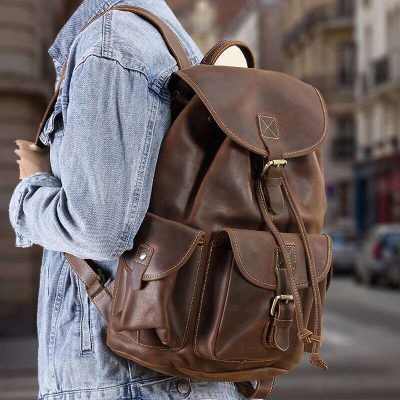 Men's Vintage Crazy Horse Backpack - Premium Top Grain Genuine Leather Casual Shoulder Bag, Large Capacity Retro Rucksac