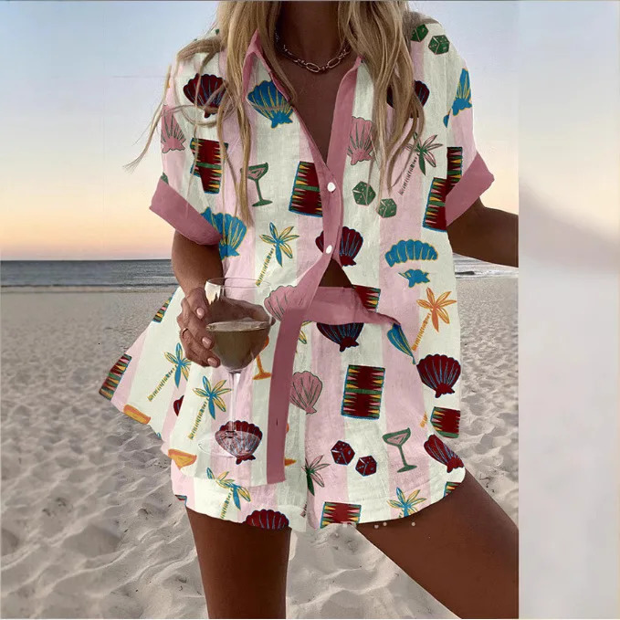 Fashion Print Beach Holiday 2 Piece Set Women Summer Short Sleeve Shirt Top Wide Legs Shorts Womens Oversize Two Piece Outfit 250617