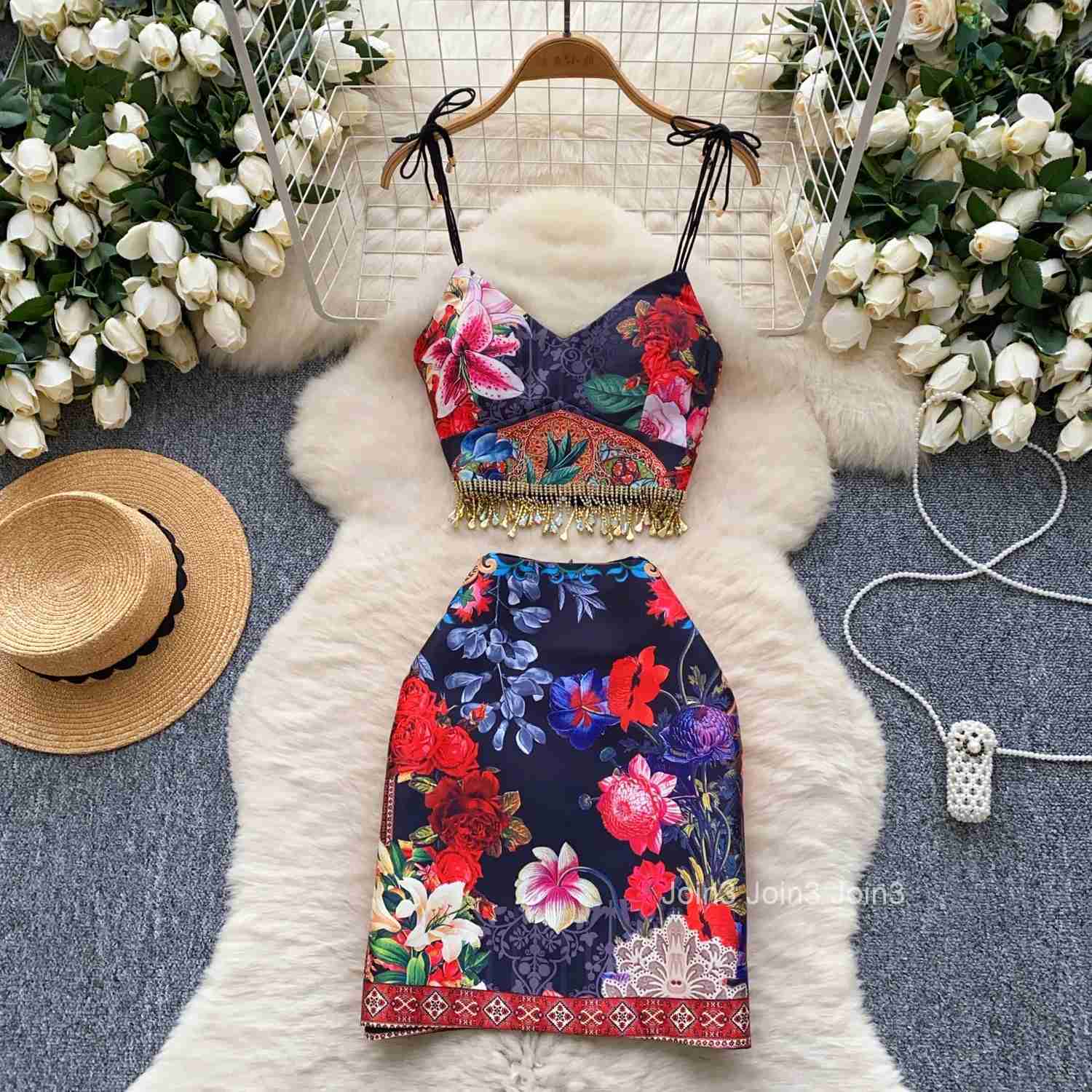 Sexy Two Piece Sets Womens Outfits Beading Tassel Tunic Vest High Waist Bodycon Mini Skirt Suit Fashion Floral Summer Clothes