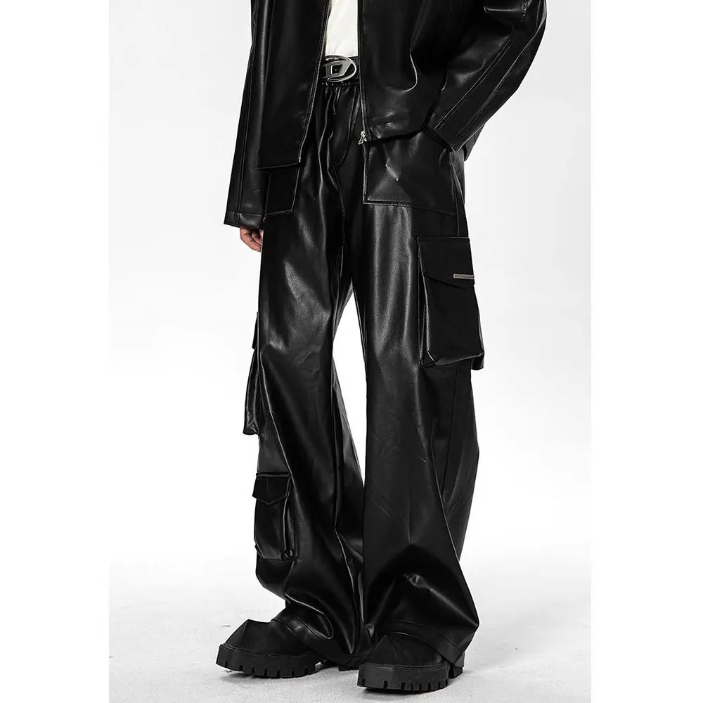 Men Leather Pants Floor Length Cargo Pant Pu Loose Casual Straight Trousers Regular Solid Splice Button Pocket Autumn Winter 250614