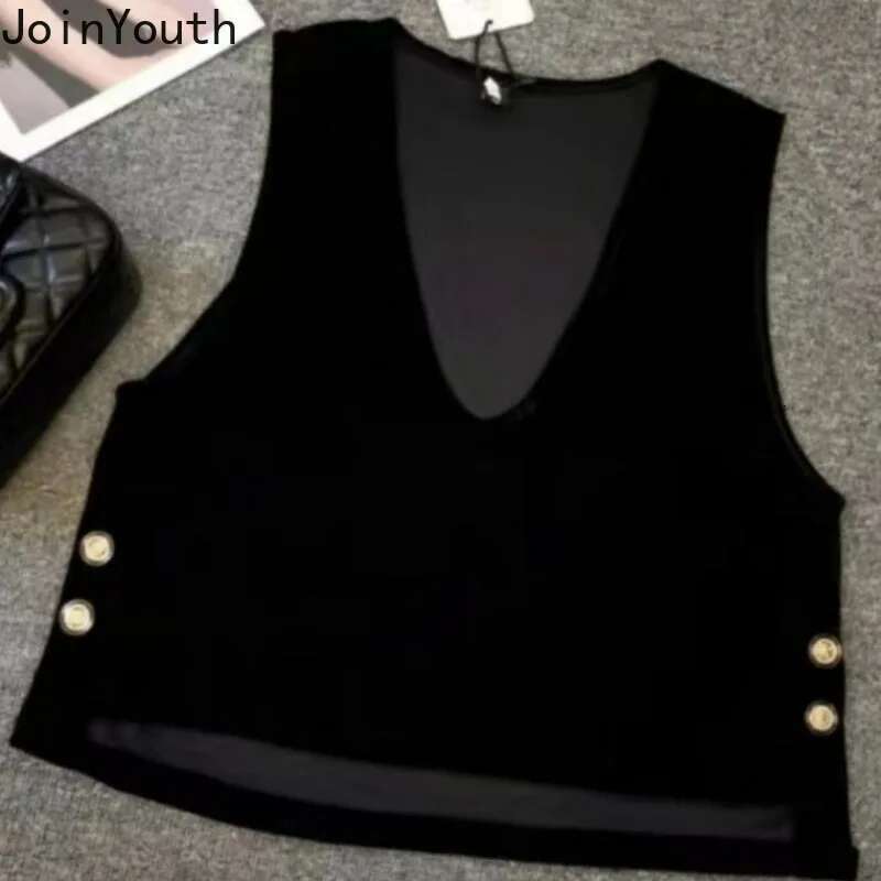 V-neck Black Velvet Tanks Vintage Korean Fashion Tanks Womens Clothing Sleeveless Loose Waistcoat Ropa Mujer Crop Tops 27t860