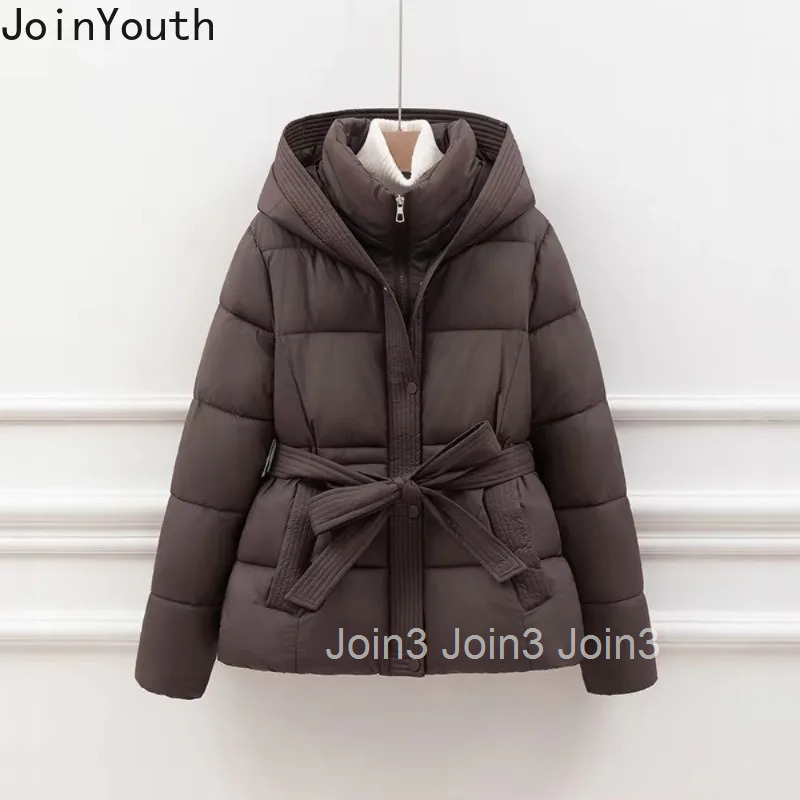 Winter Parkas New Moda Thicked Warm Women Clothing Slim Waist Lace Up Solid Elegant Jackets Tops Casual Vintage Hooded Down Coat