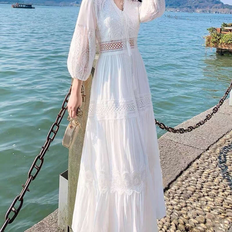 White Skirt Maxi Skirt Yunnan Style Fairy Spring Summer White Sweet French Puff Sleeve Over The Knee Long Beach Outing Dress Long Skirt