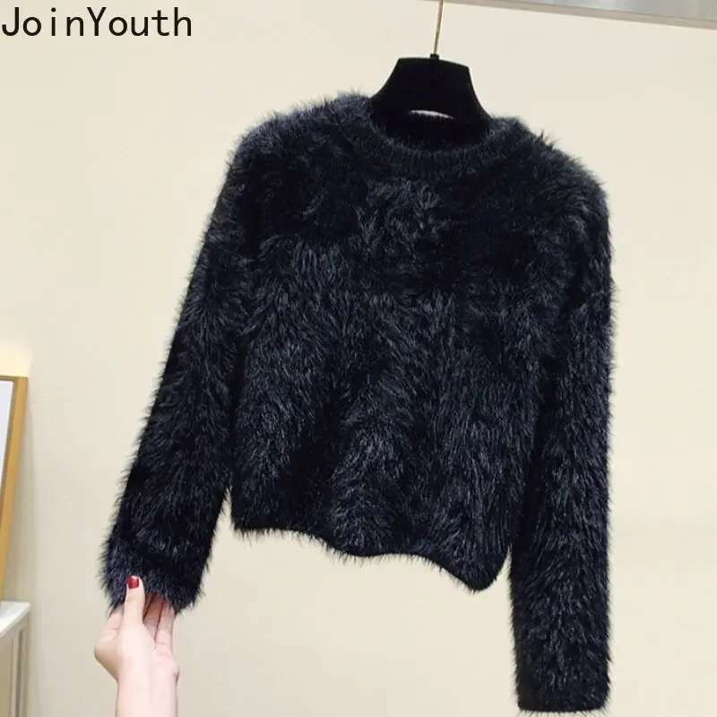White Cropped Pullovers for Women 2025 Ropa Mujer Long Sleeve O-neck Knitting Sweater Tops Fashion Korean Furry Soft Pull Femme