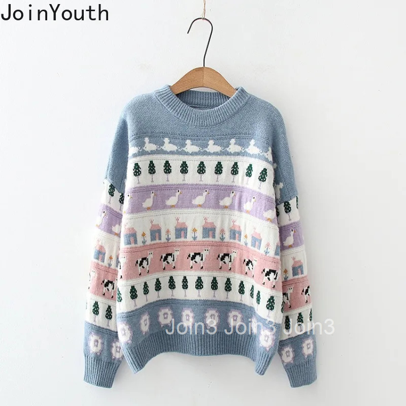 Japanese Jumper Preppy Style Fashion Pullovers Women Clothing Cartoon Print Casual Knitted Oversized Sweater Tops Pull Femme
